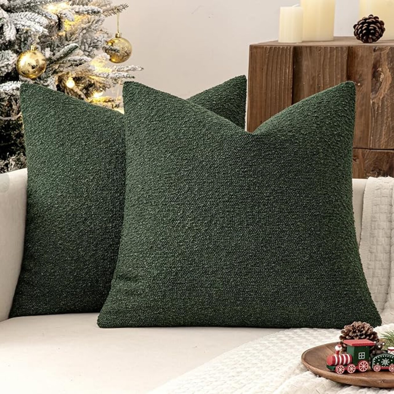 Set of 2 Christmas Dark Green Throw Pillow Covers 18x18 Inch Decorative Couch Pillow Covers Textured Boucle Accent Solid Pillow Cases Soft for Cushion Chair Sofa Bedroom Livingroom Home Decor